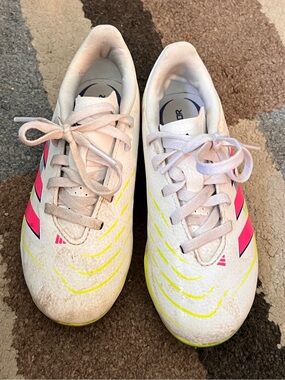 adidas White Soccer Cleats with Pink Stripes and Neon Yellow Accents